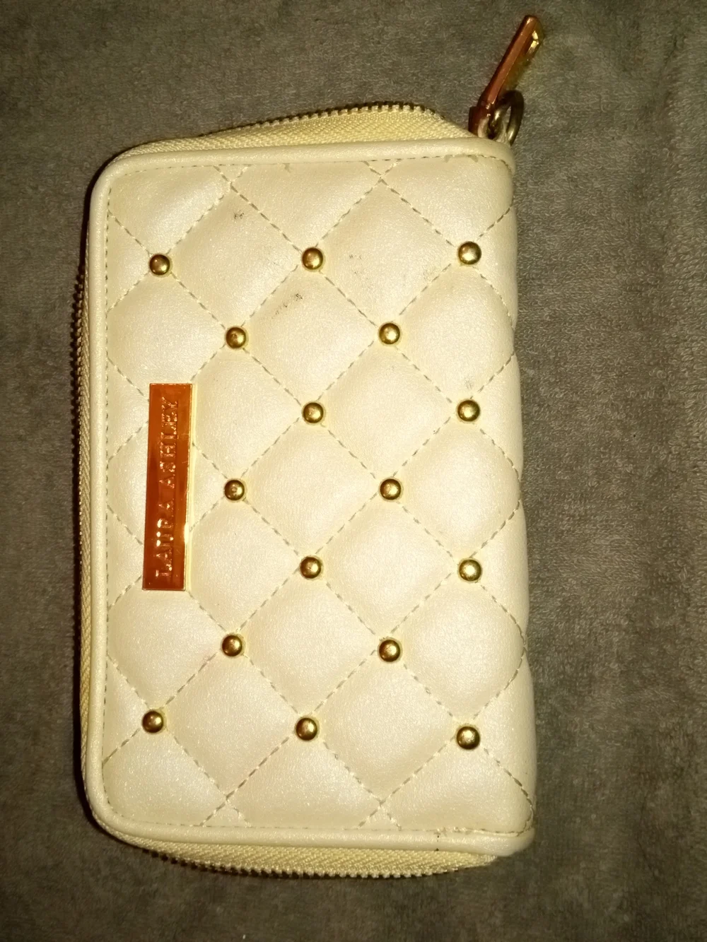 Laura Ashley Cream Quilted Zip Phone Case with Gold Studs